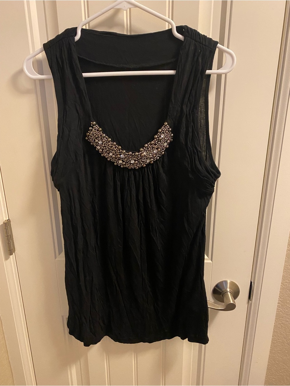 Black Top L Bling Beaded Neckline Sleeveless Blouse rhinestones Shirt Large Lg